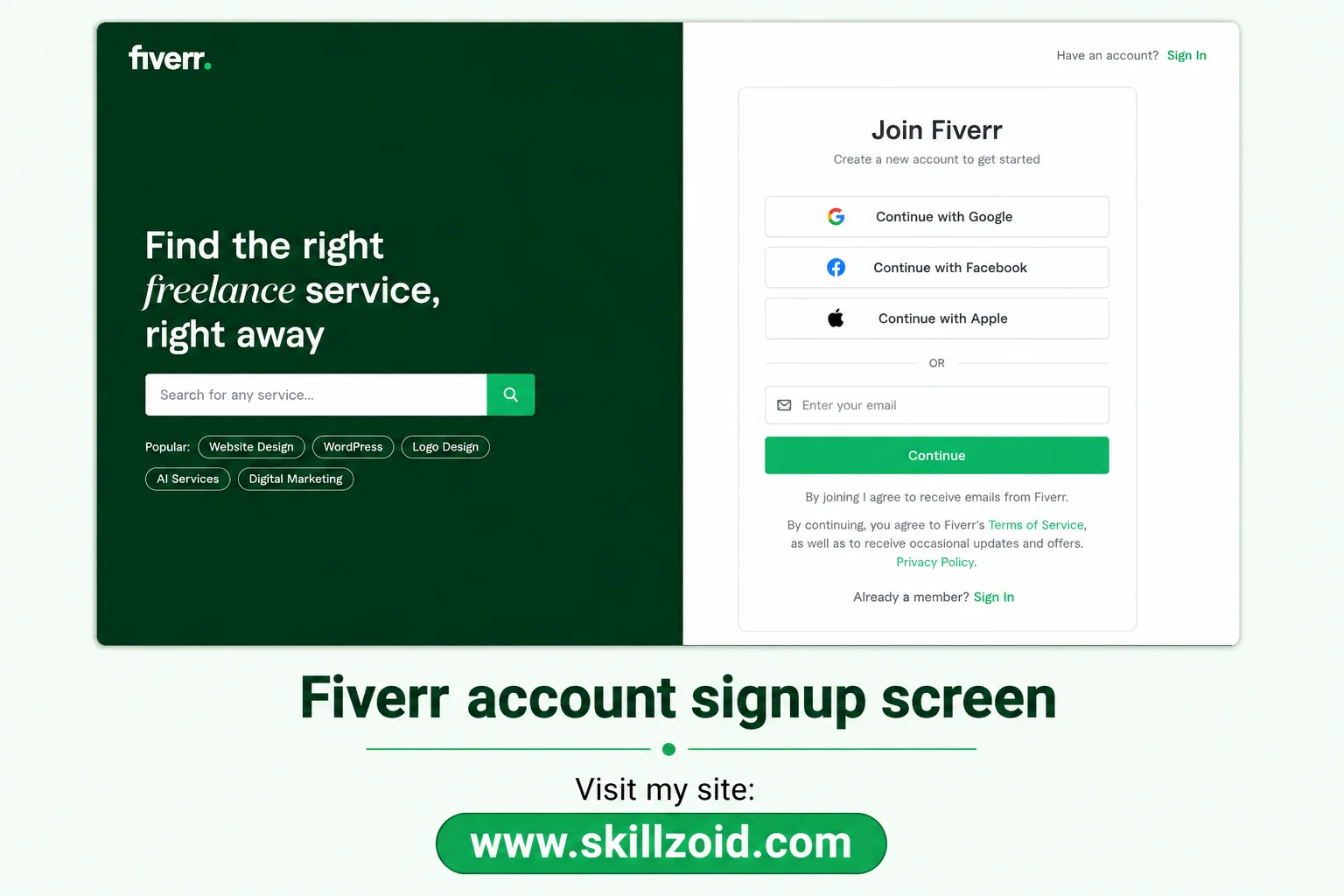 Fiverr account signup page design