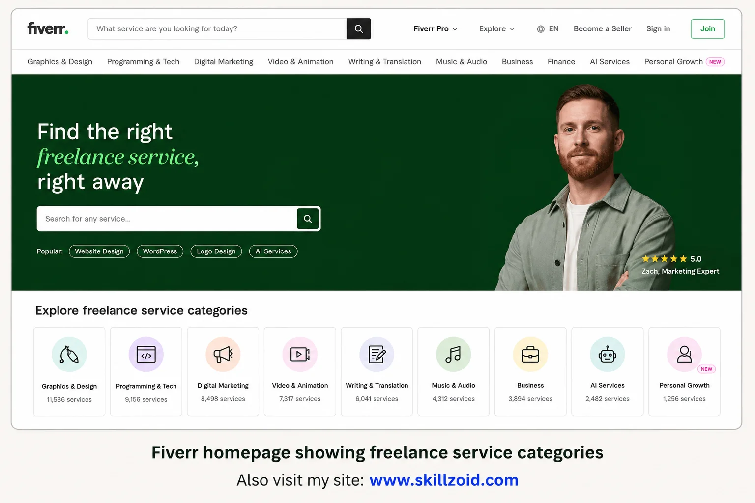 Fiverr homepage with freelance categories