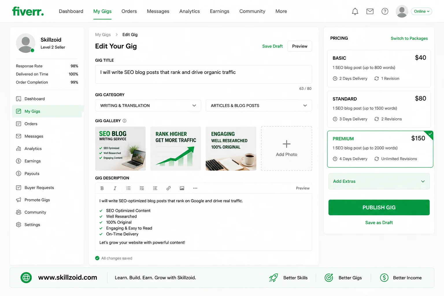 Sample Fiverr Gig Dashboard Mockup